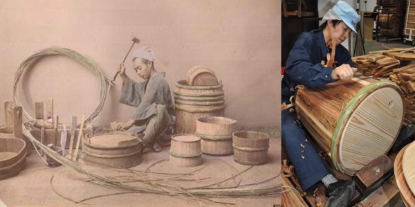 Left: Late 19th- to early-20th c. cooper. Right: a 21st c. cooper making a sake barrel.