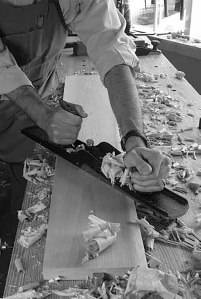 Corner to corner for true work. Work narrower stock (such as this board) at an angle with the jointer, Moxon writes, to ensure flatness. As always, work the high corners diagonally to remove twisting.