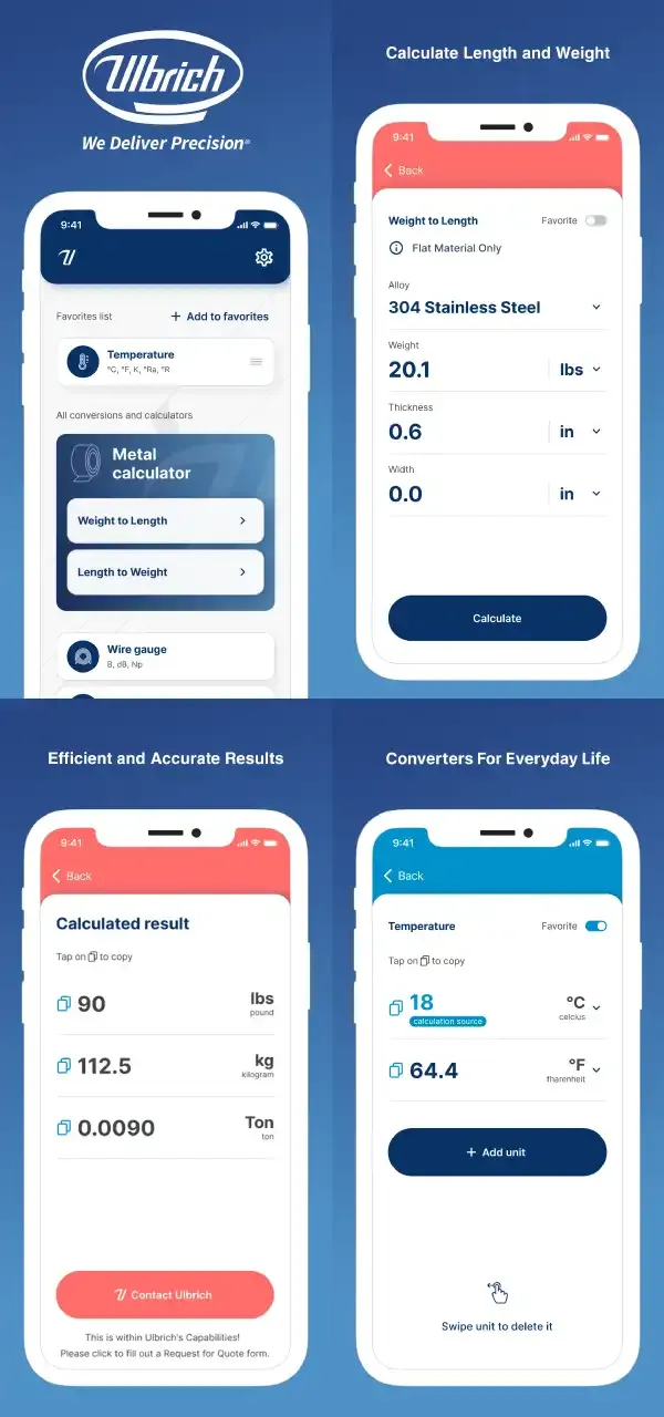 Ulbrich Metals Calculator Screenshots