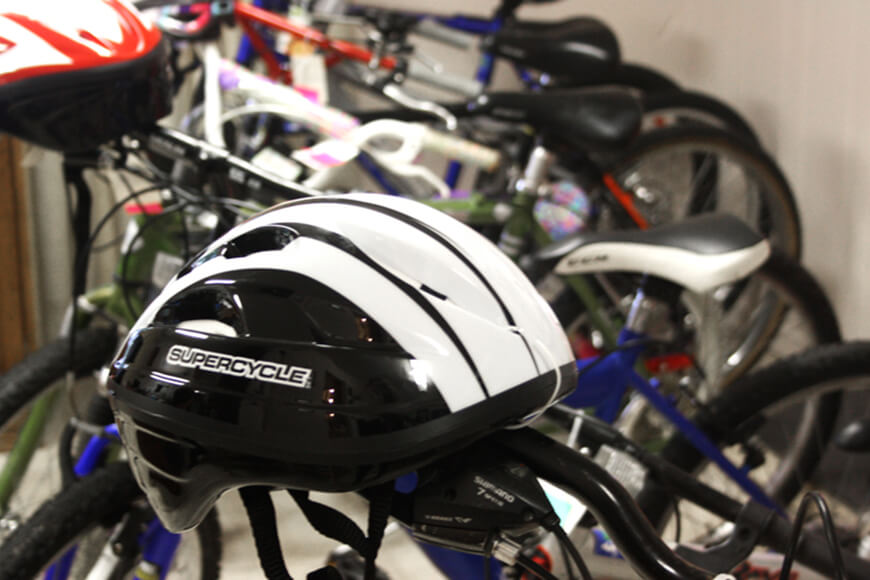 Donated helmets and bikes