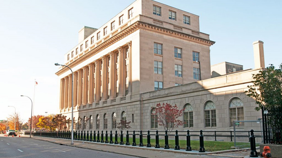 Bollards protect a government building at Gene Snyder Courthouse