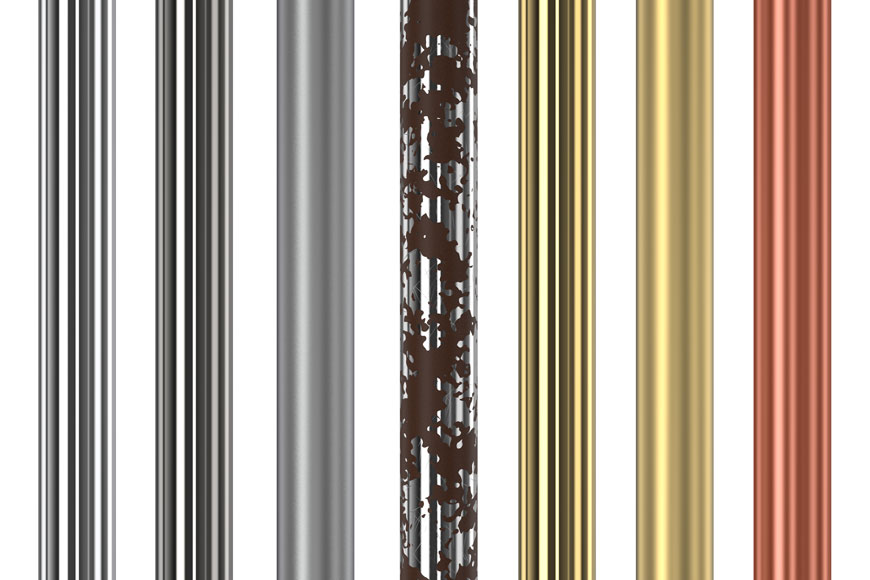 A series of tubes, some electropolished, plated, passivated, or corroding, are shown in a row