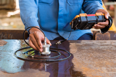 Man using ultrasound coil to test solidity of steel plate