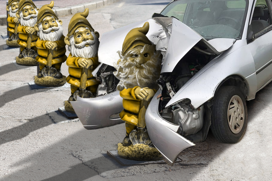 A car crashes into an angry looking yellow bollard gnome while other happy gnomes look on