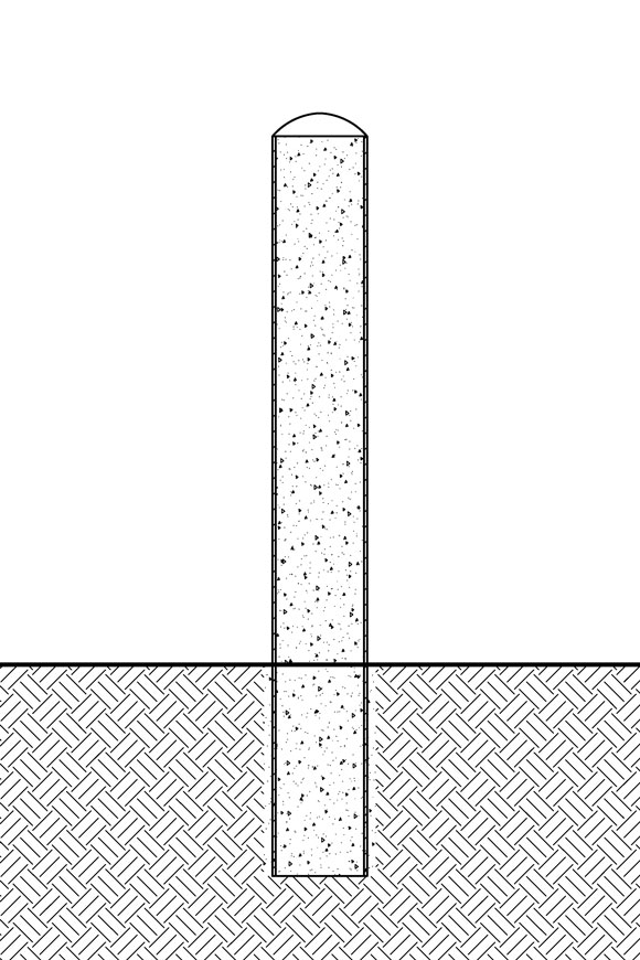 A wireframe sketch of an embedded steel pipe bollard