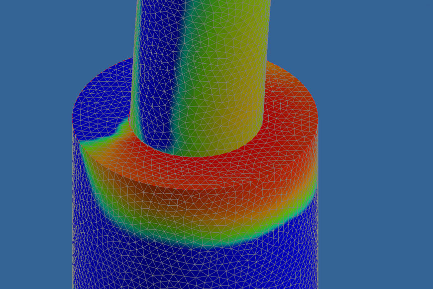 A simplified wireframe image of a bollard in a concrete surround with color coded impact forces