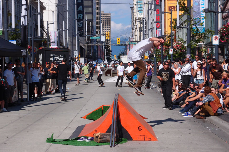 A skateboard event blocks off a street in downtown Vancouver