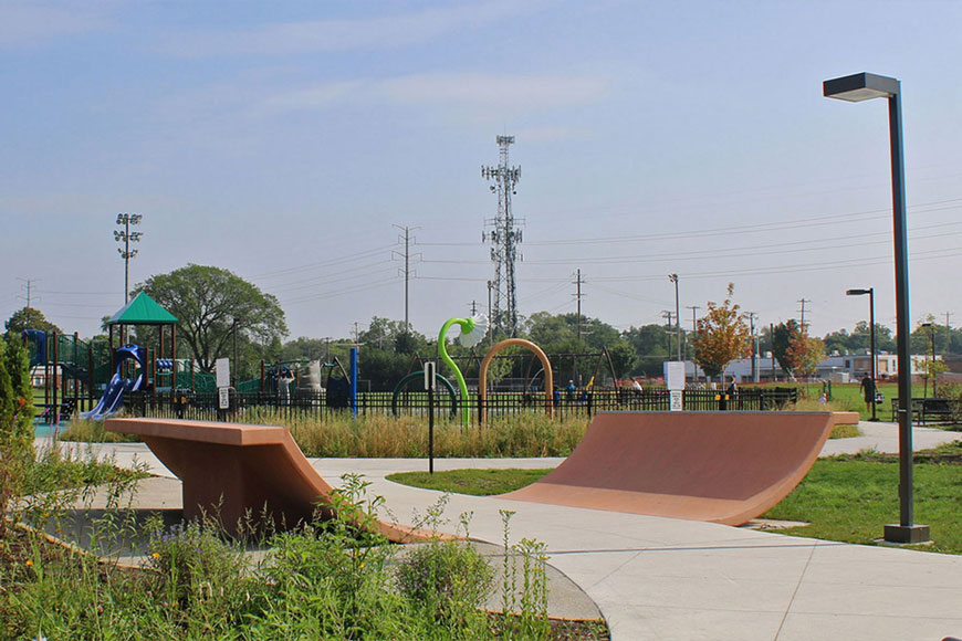 A purpose built sculpture has pipe and slide elements for skaters to use